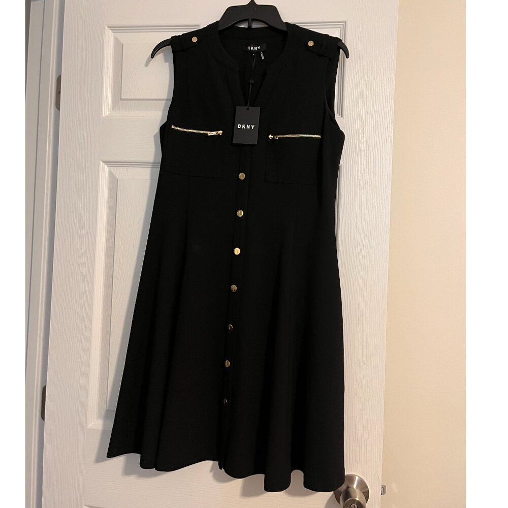 DKNY Women's Knee-Length Wear To Work Button Up Black Dress Gold Hardware NWT